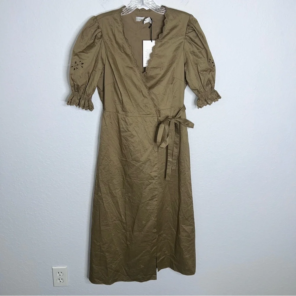 Coach Midi Dress Women’s 4 Eyelet Wrap Milkmaid Cottage Pockets Olive FF